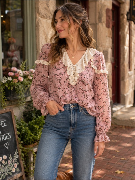 DR2 Tops - DR2 Pink Rose Floral Ruffle Blouse Small Cottagecore Romantic Boho